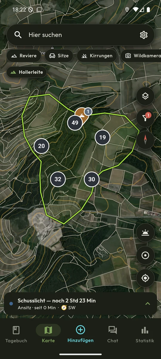Revierkarte mit gezeichneter Reviergrenze, Kanzeln, Kirrungen und Wildkameras