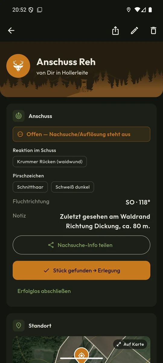 Anschuss mit Reaktion im Schuss, Pirschzeichen, Fluchtrichtung und Notiz