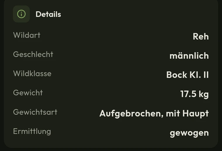 Ausschnitt: Wildart Reh, Wildklasse Bock Kl. II, Gewicht 17,5 kg